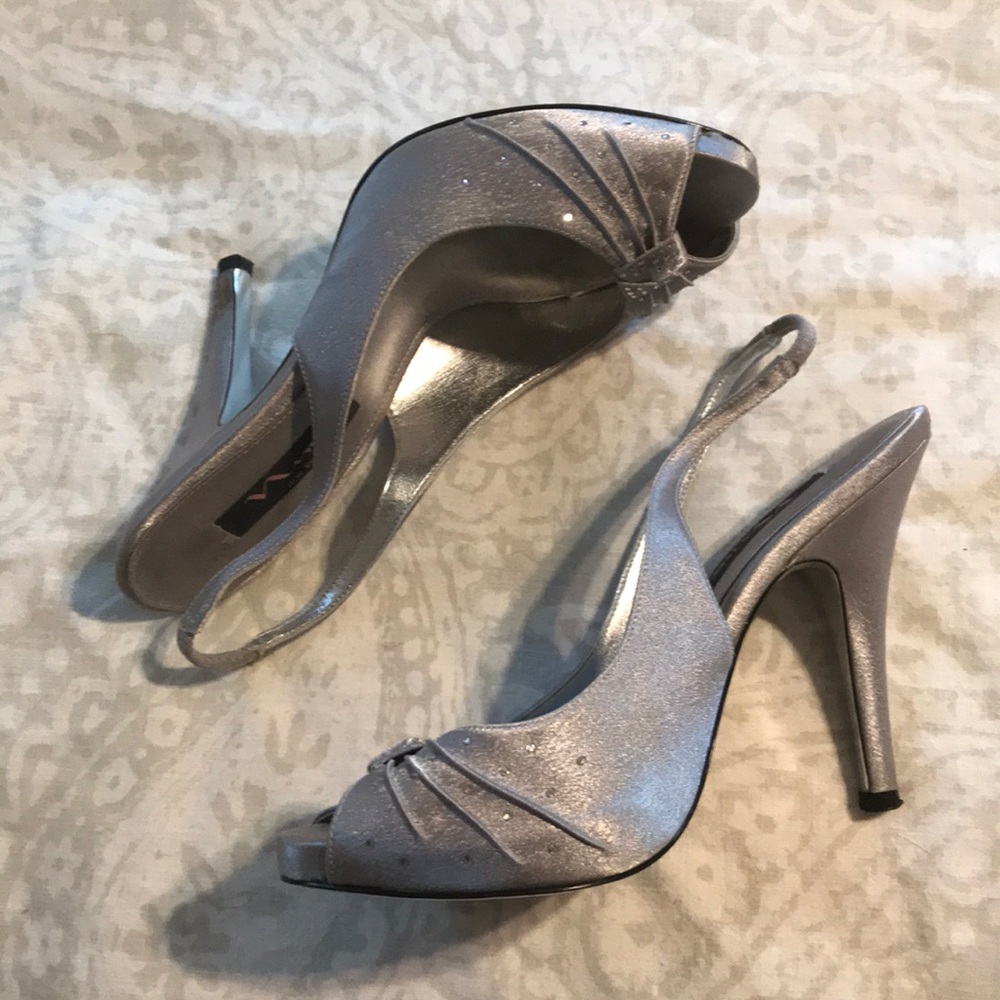 Nina Silver Peep Toe Heels